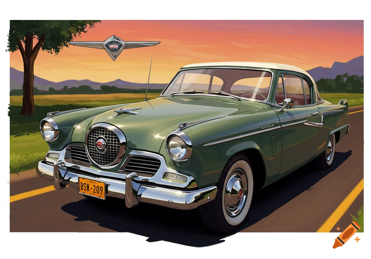 Illustration of a vintage green Studebaker coupe on a road at sunset