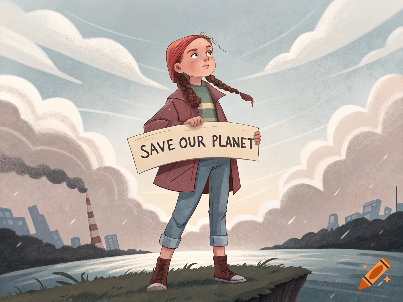 A stylized illustration of a young girl with braided red hair, holding a sign that reads "SAVE OUR PLANET" on a cliff overlooking a factory and smokestack.