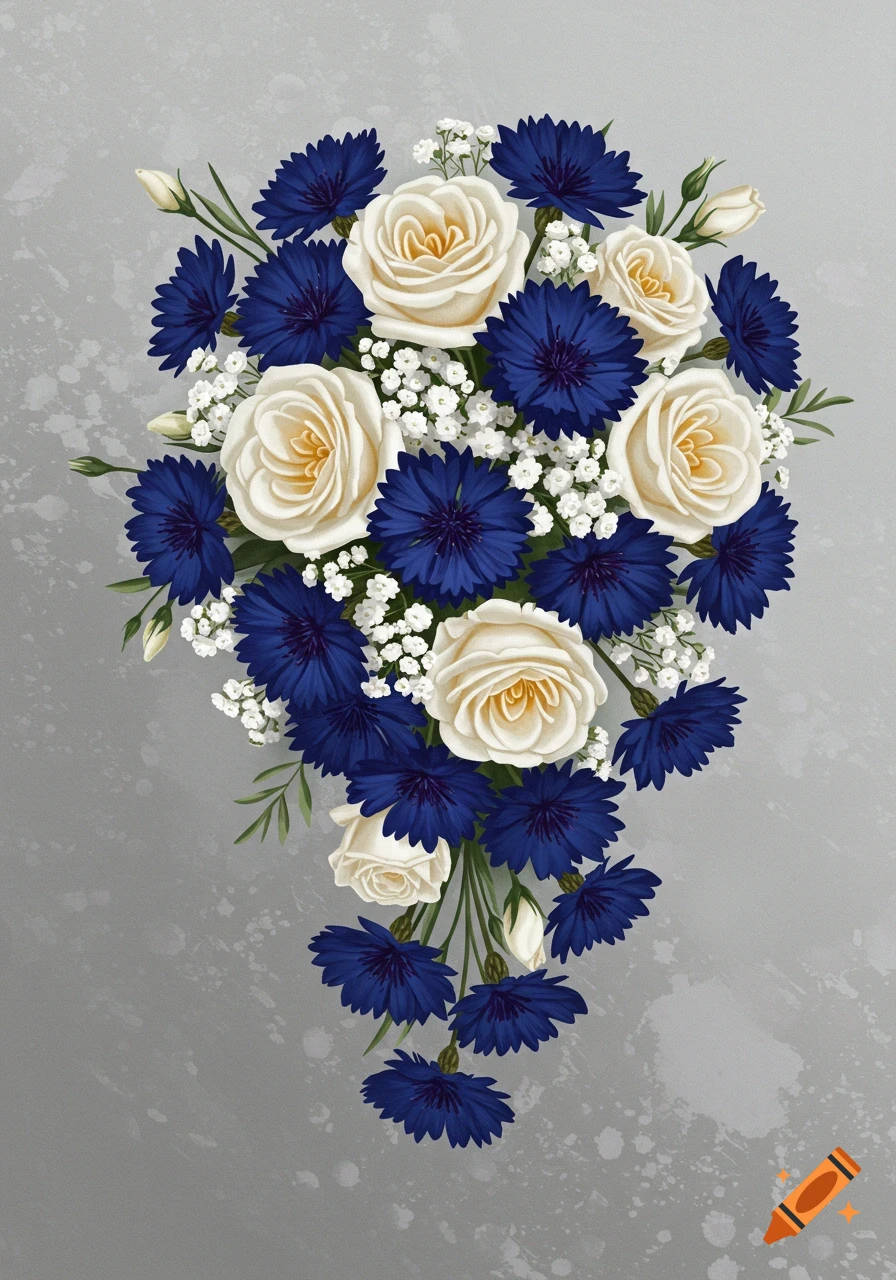 A teardrop-style bridal bouquet with white roses and navy blue cornflowers on a textured grey background.