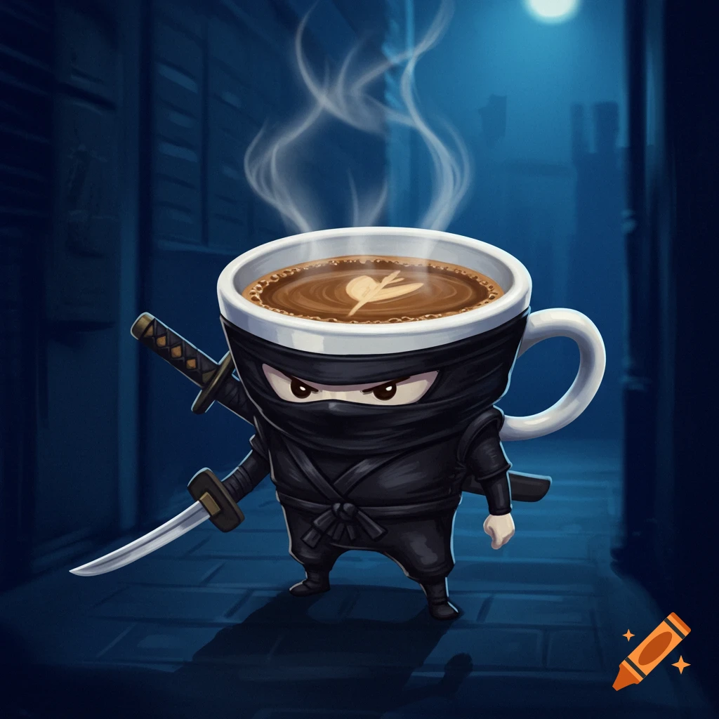 Cartoon illustration of a coffee cup dressed as a ninja holding a sword in a dark alley.