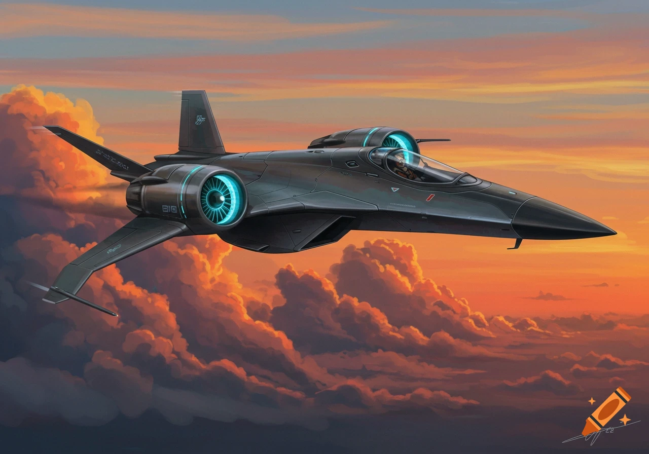 A futuristic dark grey jet flies through an orange and purple sunset sky with clouds.
