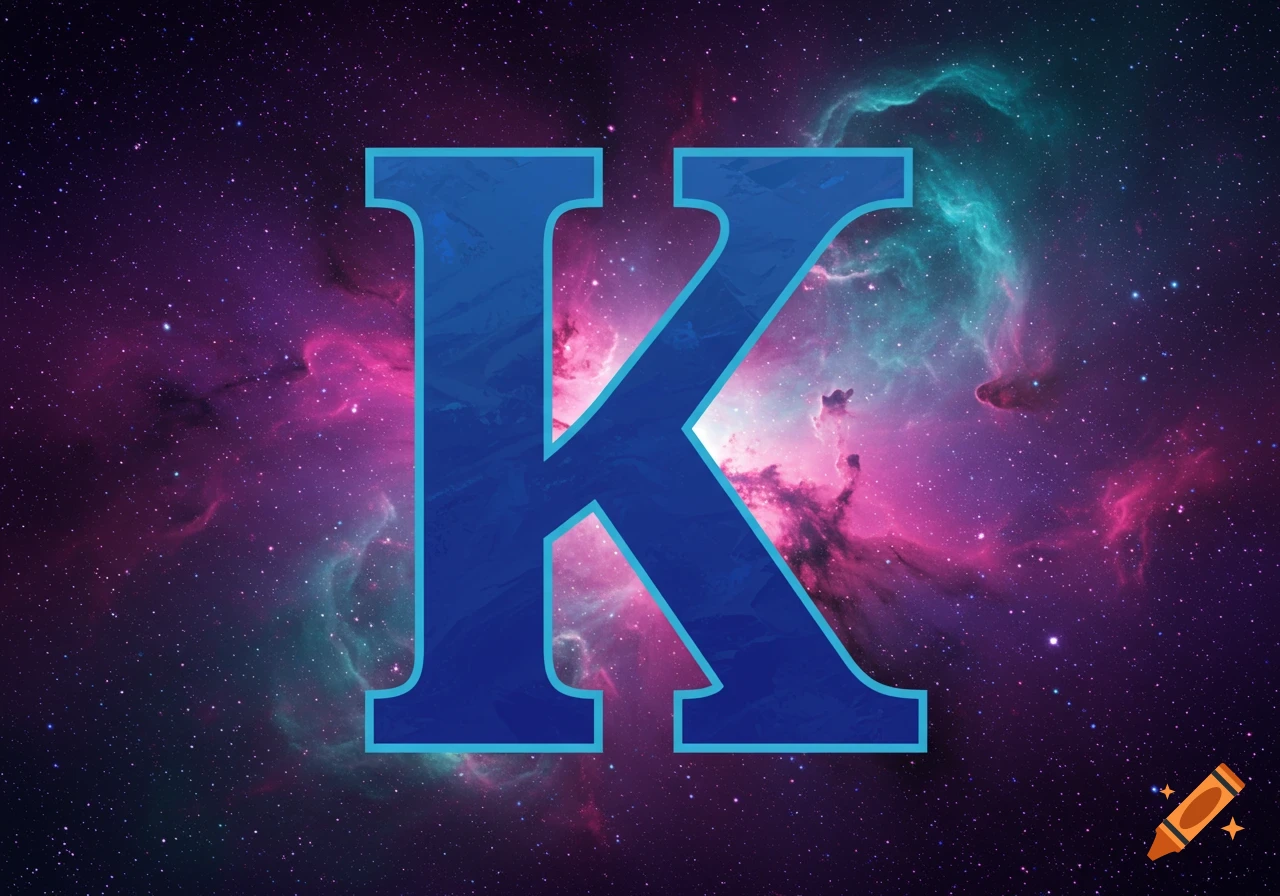 A blue letter K on a galaxy background.