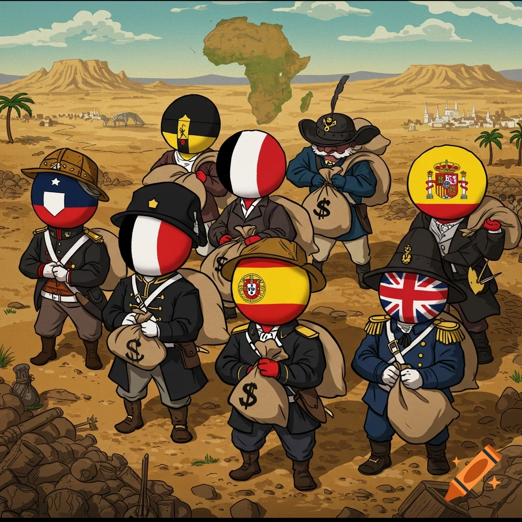 Cartoon of personified European countries in historical uniforms holding bags of money in a desert, representing imperialism.
