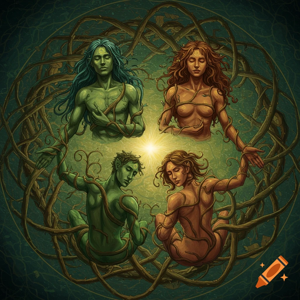 Four human figures entwined by vines in a circular mandala, mystical art style.