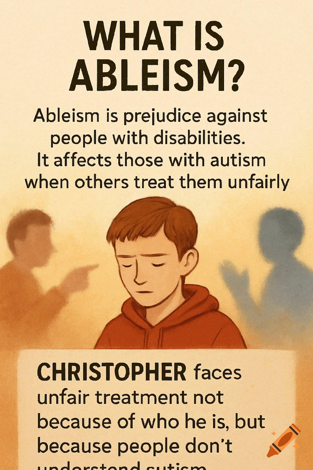 Illustration about ableism showing a boy with shadows of people pointing and reaching, with text definitions.