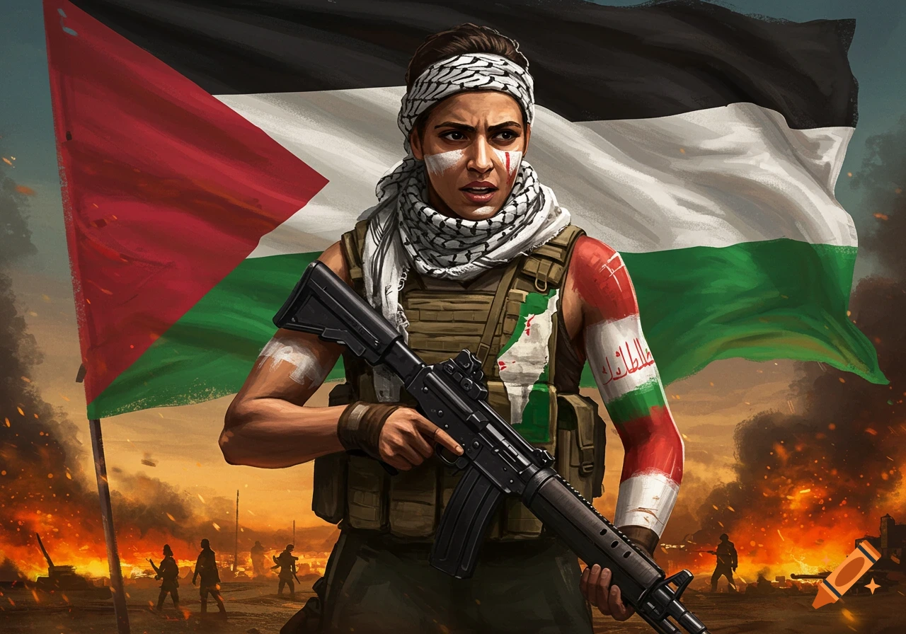 Illustration of a female fighter holding a rifle in front of a Palestinian flag and map on a battlefield.