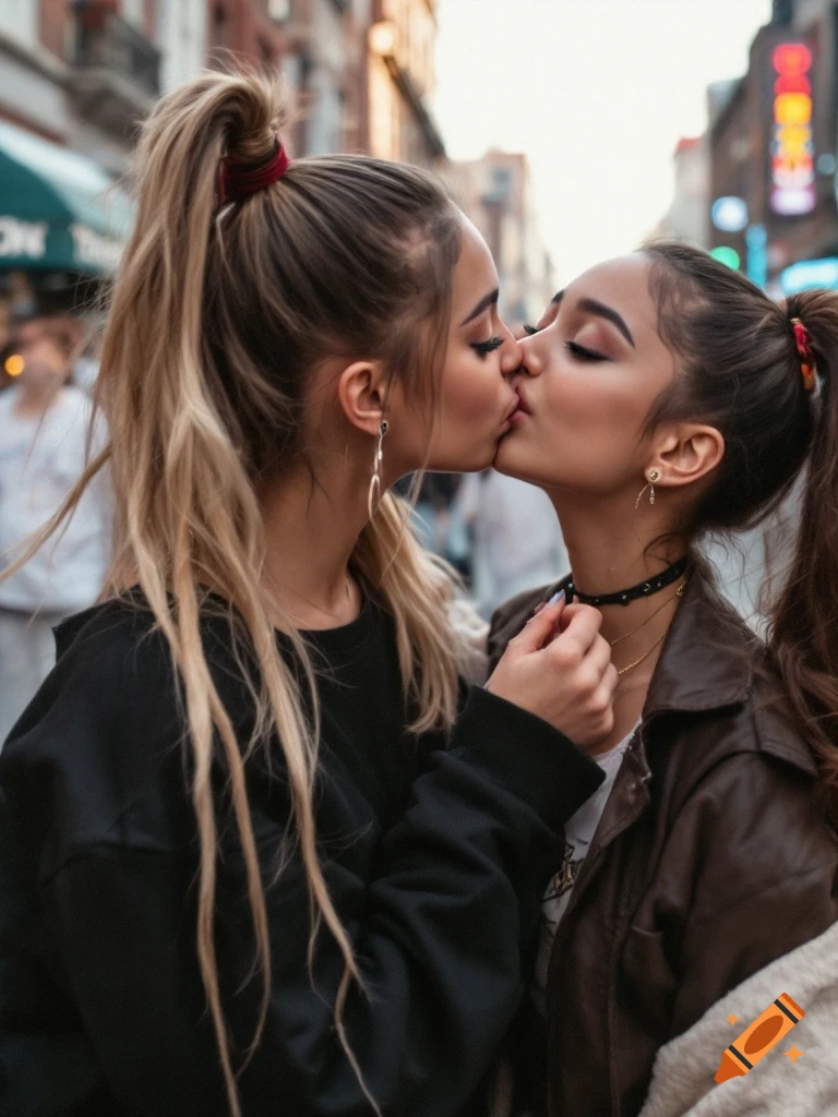 Two young women kiss intimately outdoors