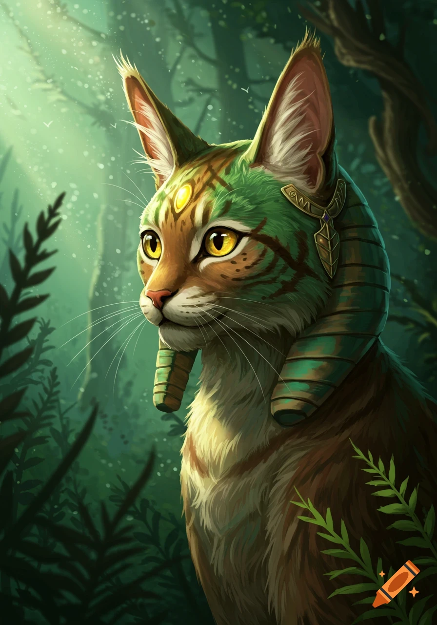 A close-up digital painting of a feline creature resembling a lynx with green stripes and ornate gold and turquoise Egyptian-style headdress in a sunlit forest.