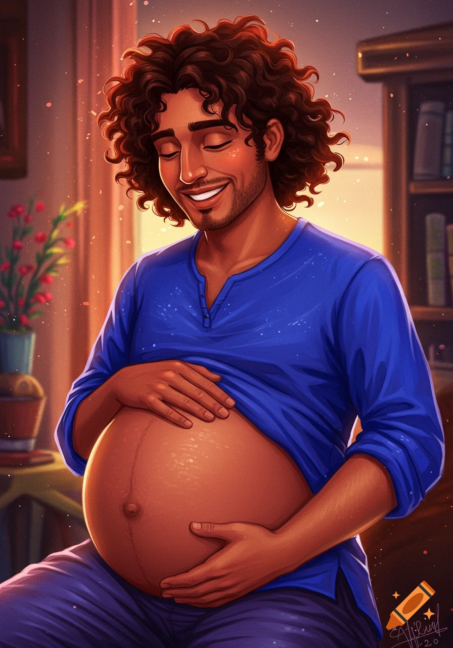 Illustrated portrait of a smiling pregnant man holding his belly.
