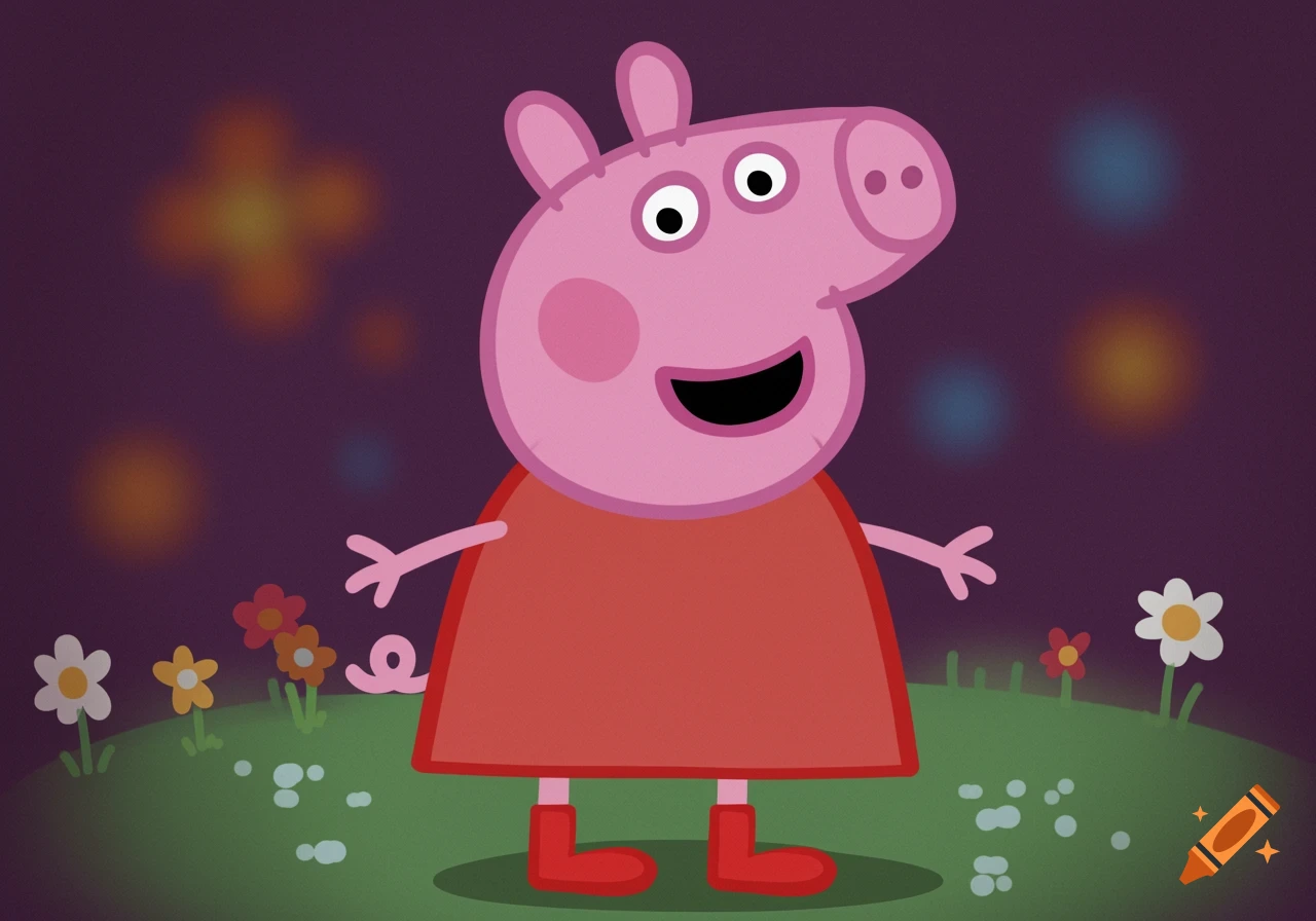 Peppa Pig stands in a grassy field with flowers and blurry lights