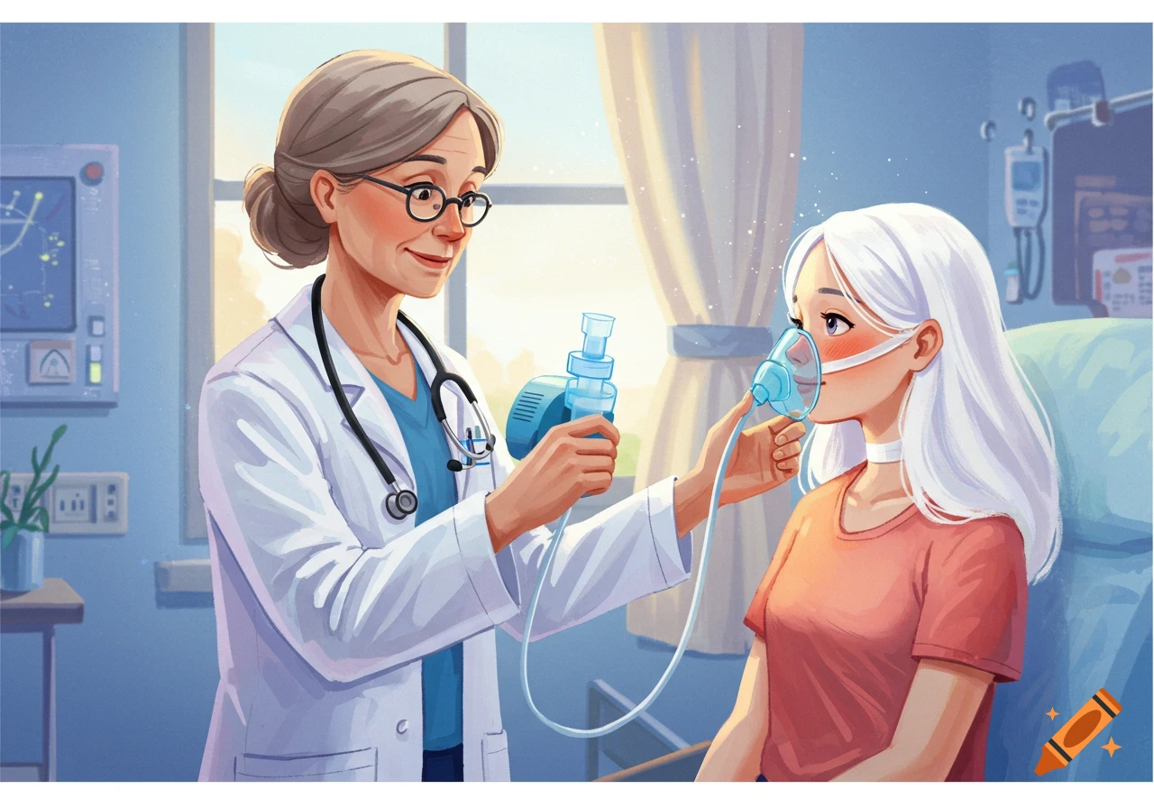 Illustration of a doctor helping a young patient use a nebulizer in a hospital room.