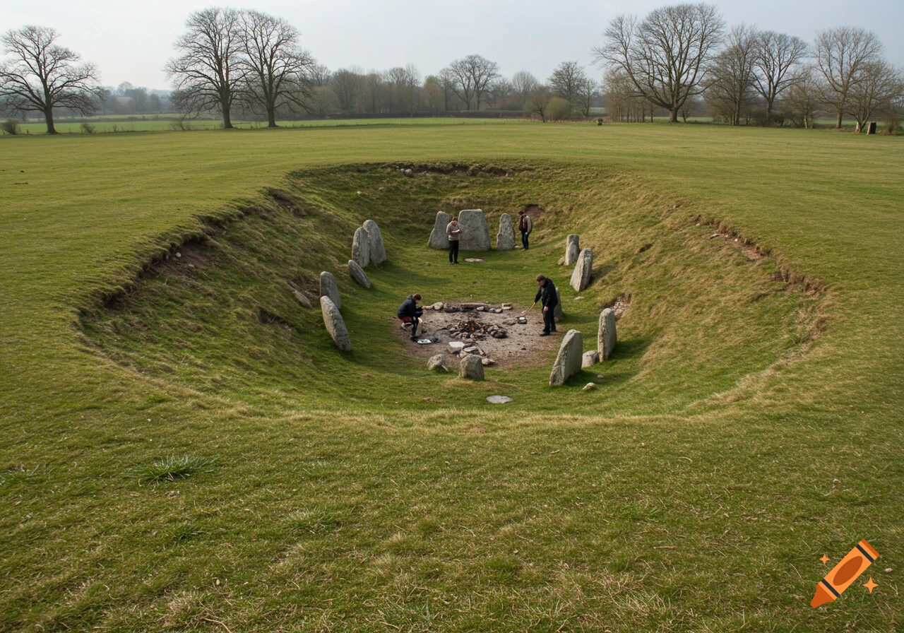 An overhead view into a circular ditch surrounding a grassy area with standing stones, fire pits, and several people.