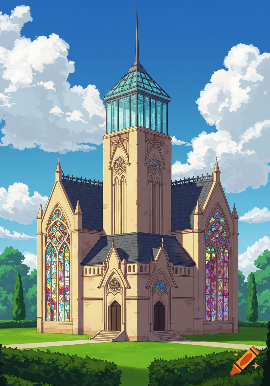 An anime-style illustration of a church building with stained glass windows and a glass spire under a cloudy blue sky.