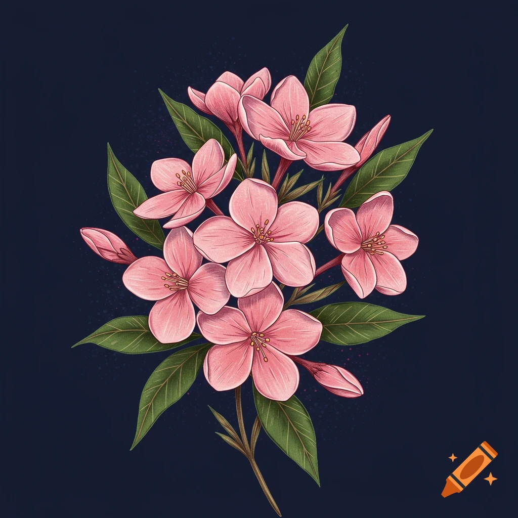 Illustration of pink flowers and green leaves against a dark blue background.