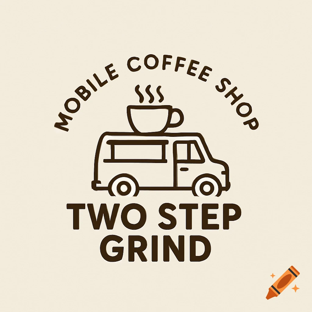 Simple logo for Mobile Coffee Shop Two Step Grind featuring a stylized van with a coffee cup on top