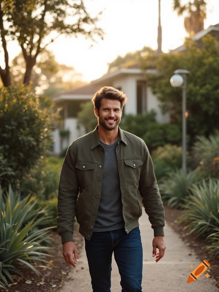 A man smiles while walking outdoors on a path with trees and houses in the background