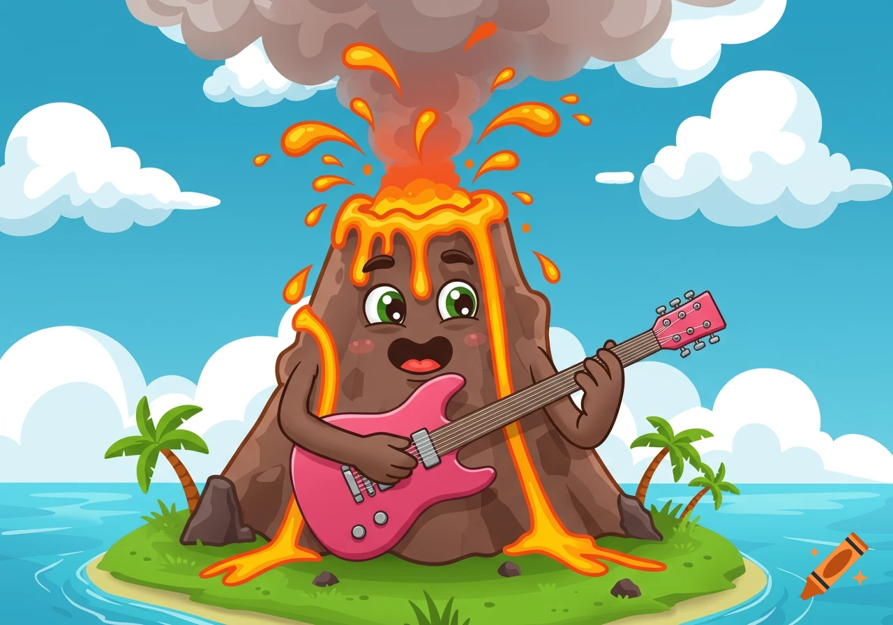 A cartoon volcano on a tropical island erupts while playing a pink electric guitar.