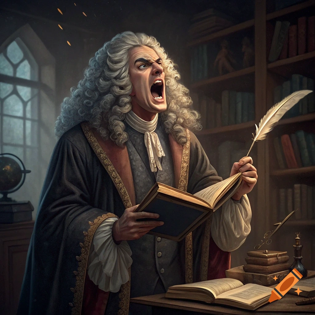 Portrait of a historical figure resembling Isaac Newton roaring in a library, holding a book and quill.