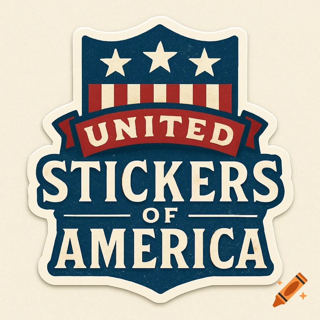 Patriotic sticker logo for United Stickers of America with stars and stripes.
