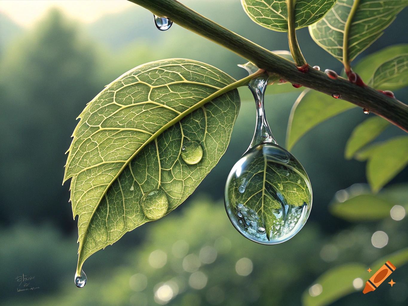 Close-up view of a green leaf with water droplets reflecting the forest.