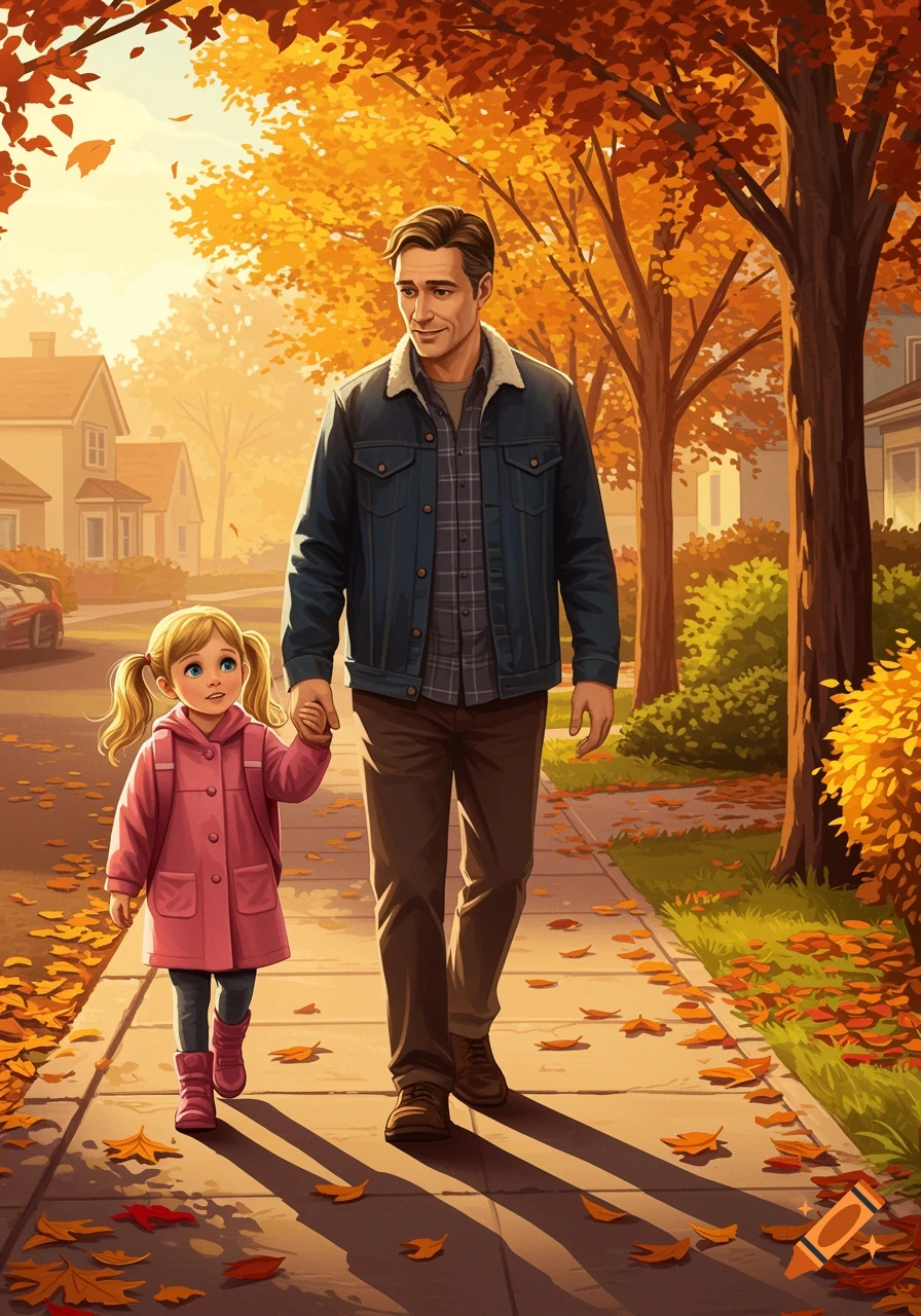 Illustration of a father and daughter walking hand-in-hand on an autumn street.
