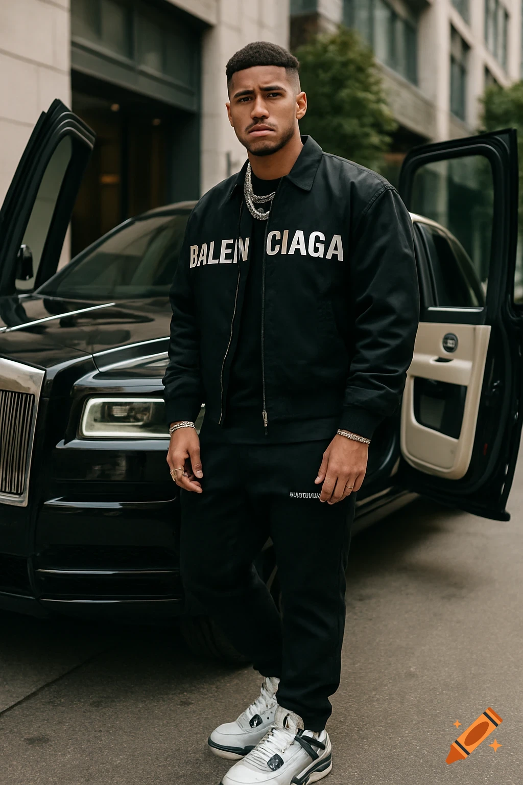 A stylish man in a black Balenciaga jacket stands next to a black Rolls-Royce with butterfly doors open in an urban setting.