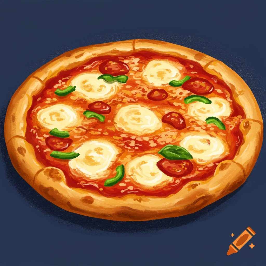 An illustration of a pizza with mozzarella, tomato sauce, and green and red toppings.