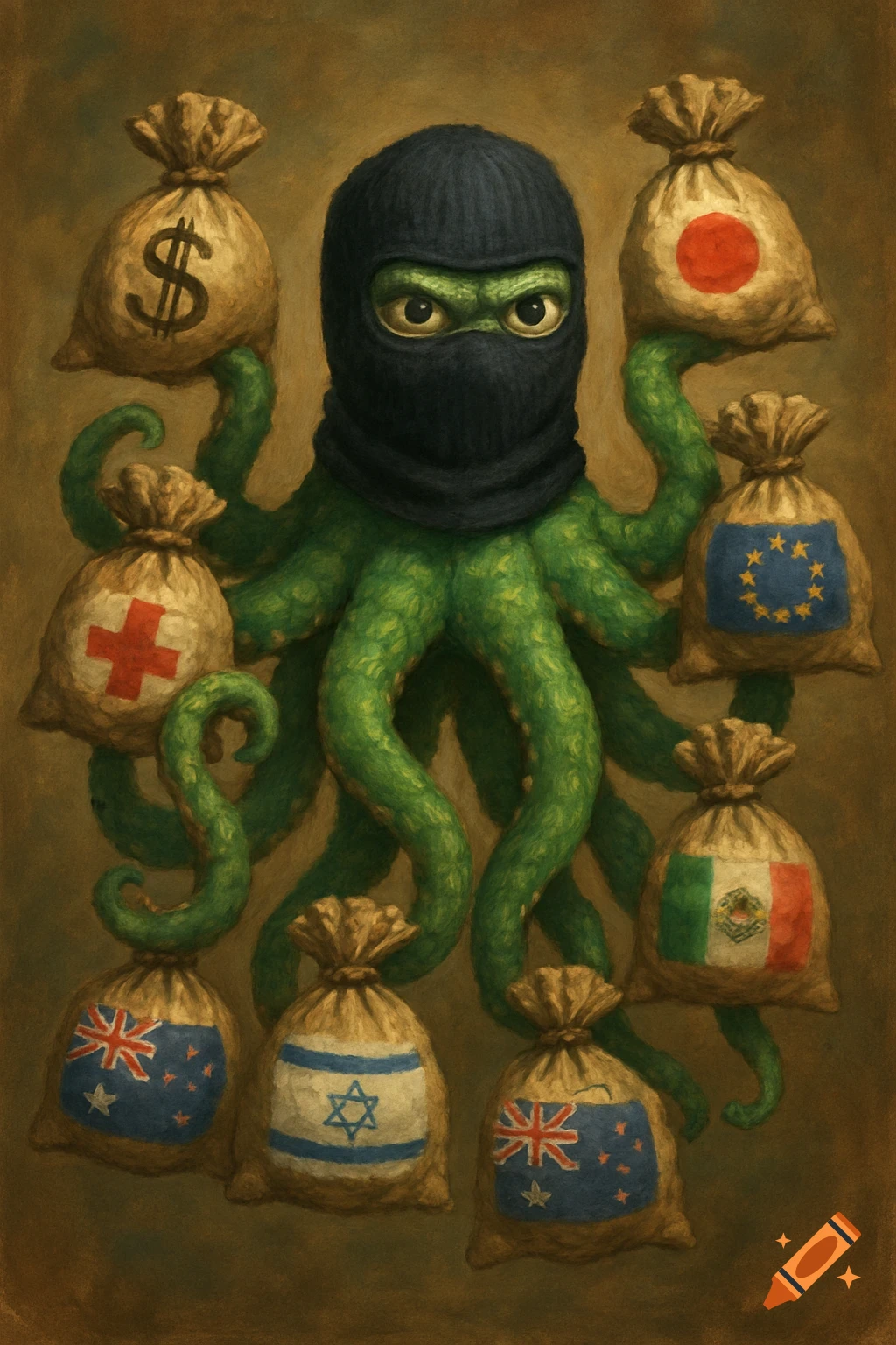 A green octopus in a balaclava holds bags with dollar signs, flags, and symbols in a painting style.