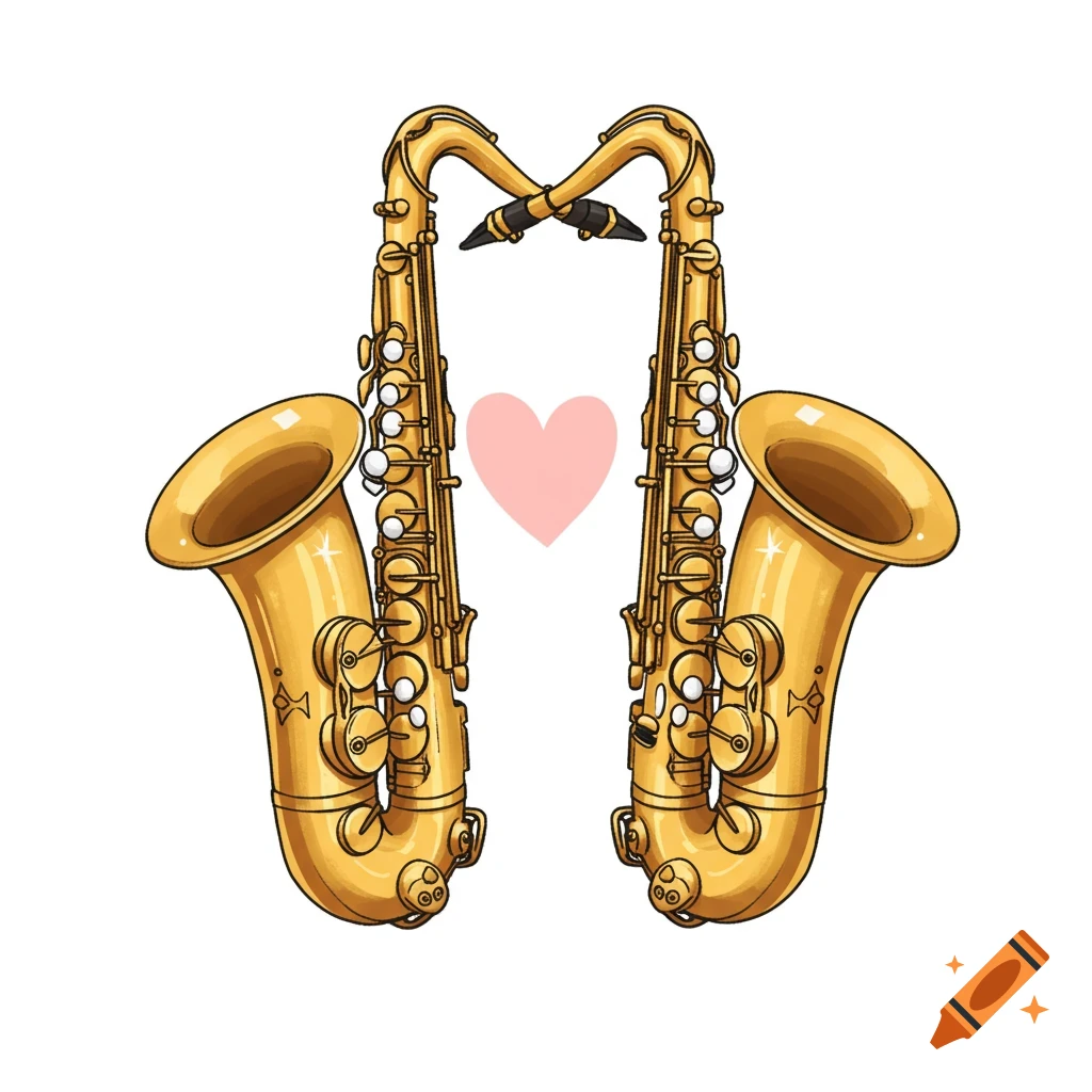 Clipart illustration of two golden saxophones forming a heart shape with a pink heart in the middle.