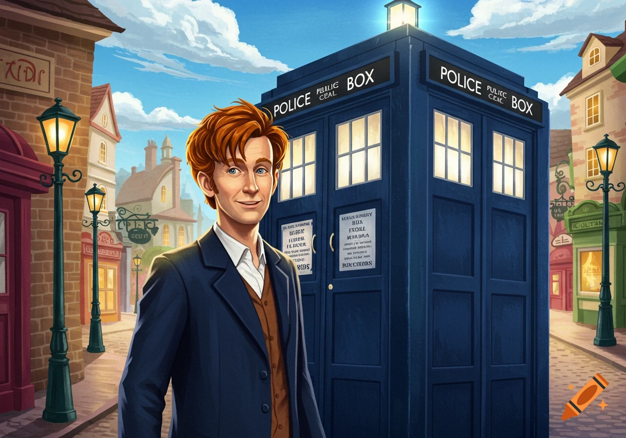Illustration of a ginger-haired man next to a blue police box time machine on a street.