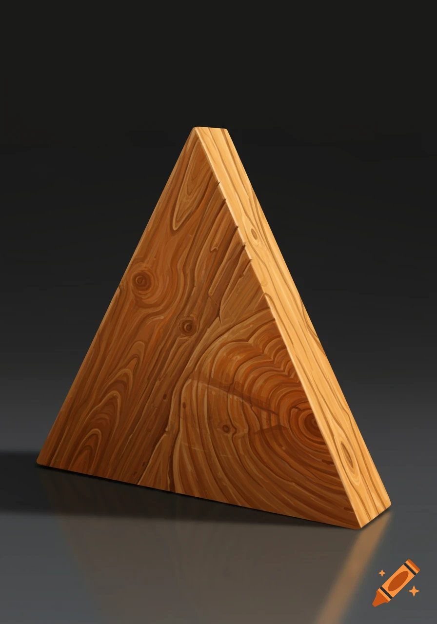 A wooden triangle sits on a dark surface.
