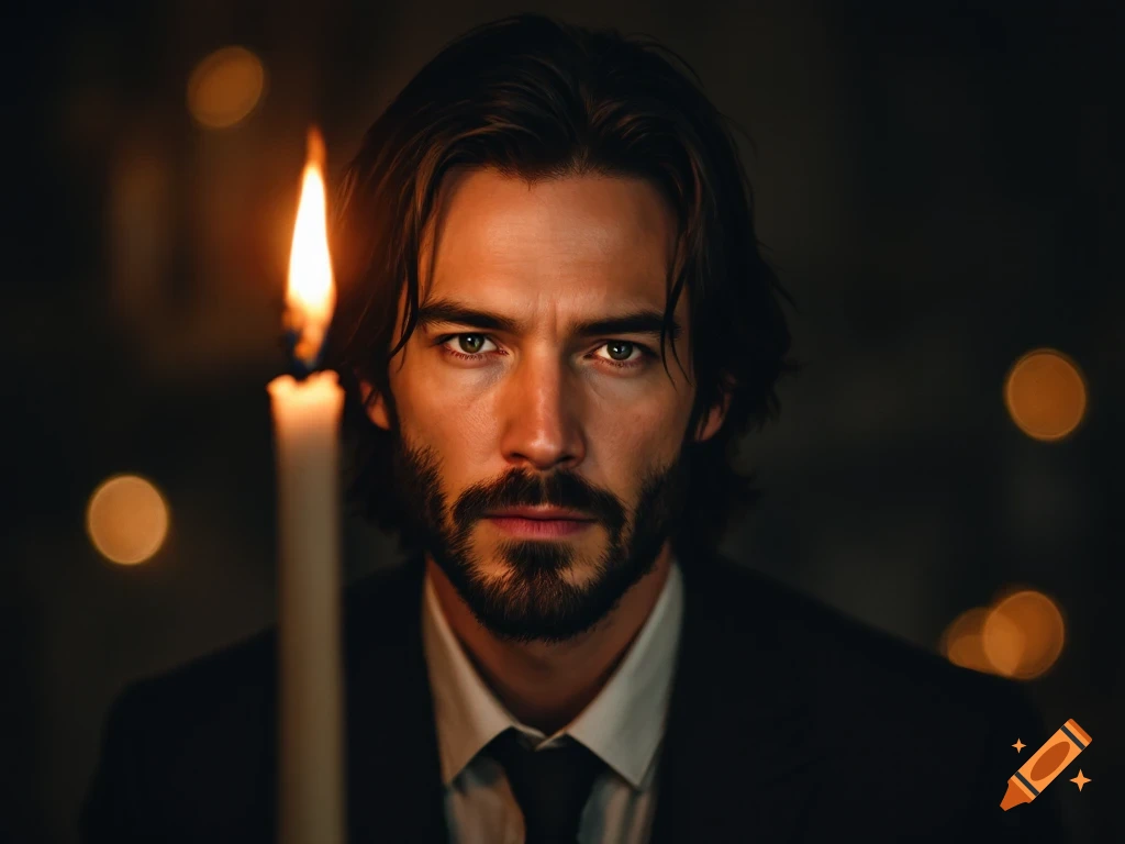 Close-up photorealistic portrait of a man resembling John Wick holding a lit candle.