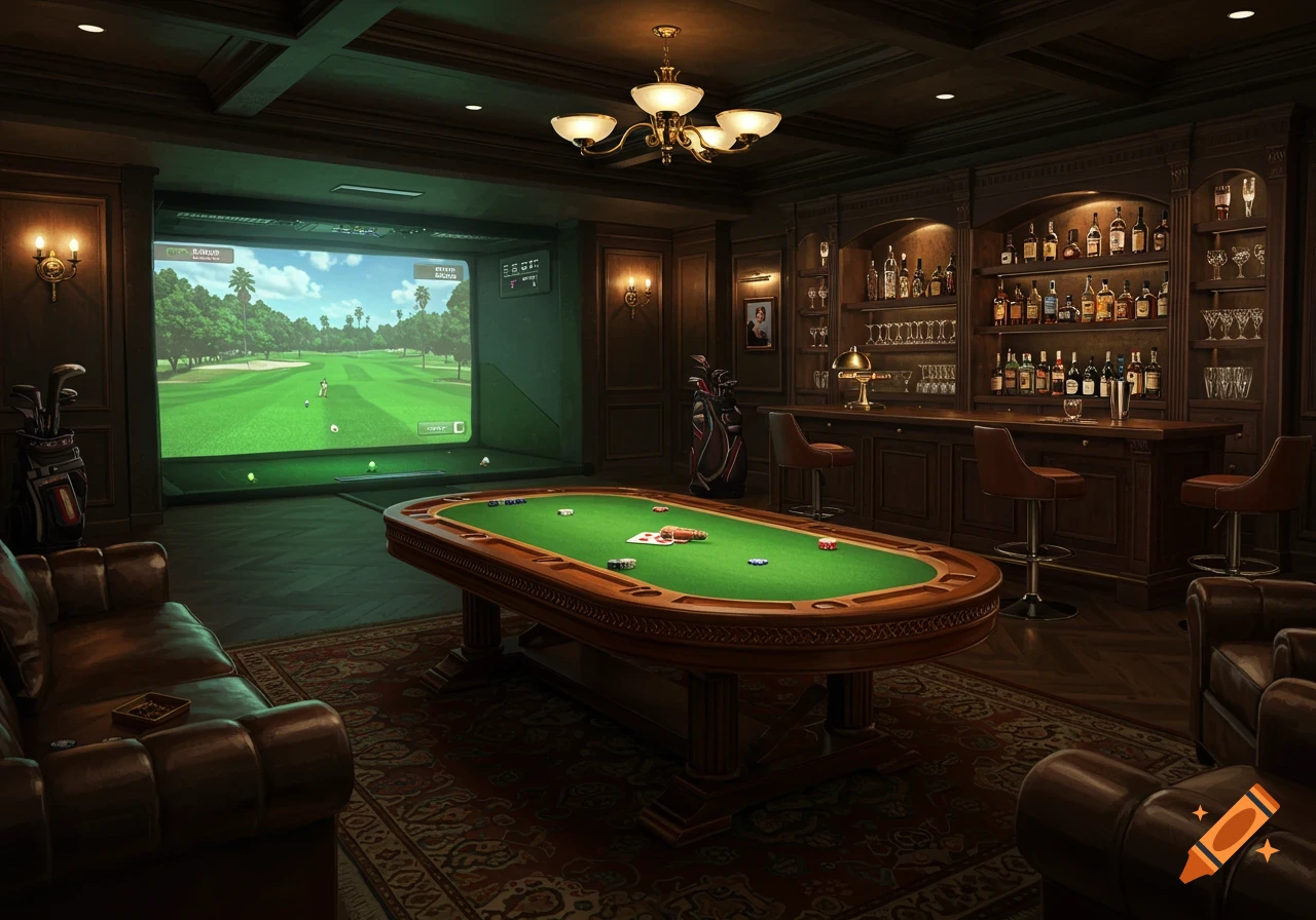 Luxurious interior with a golf simulator screen showing a course, a poker table with cards and chips, a stocked bar, and leather couches.