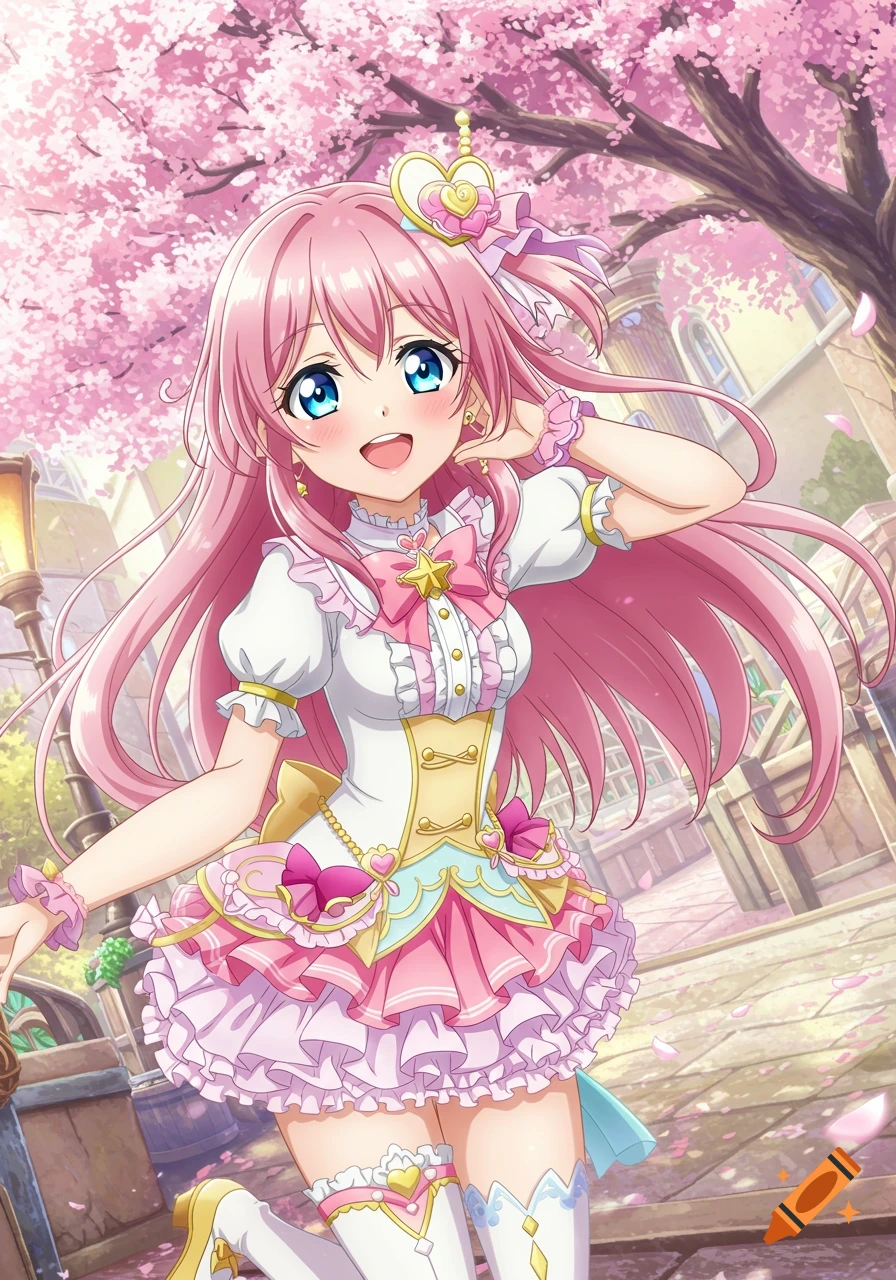 Anime girl with pink hair and blue eyes in a frilly dress under cherry blossoms.