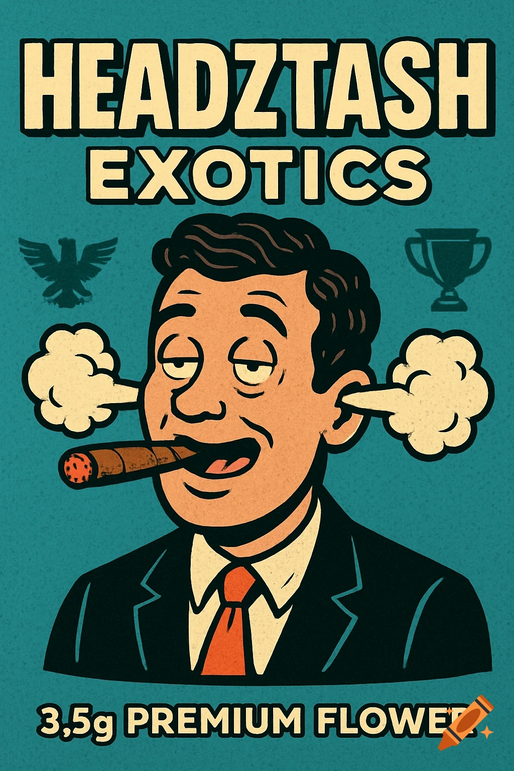 Retro illustration of a man in a suit smoking a cigar with smoke from his ears and text branding.