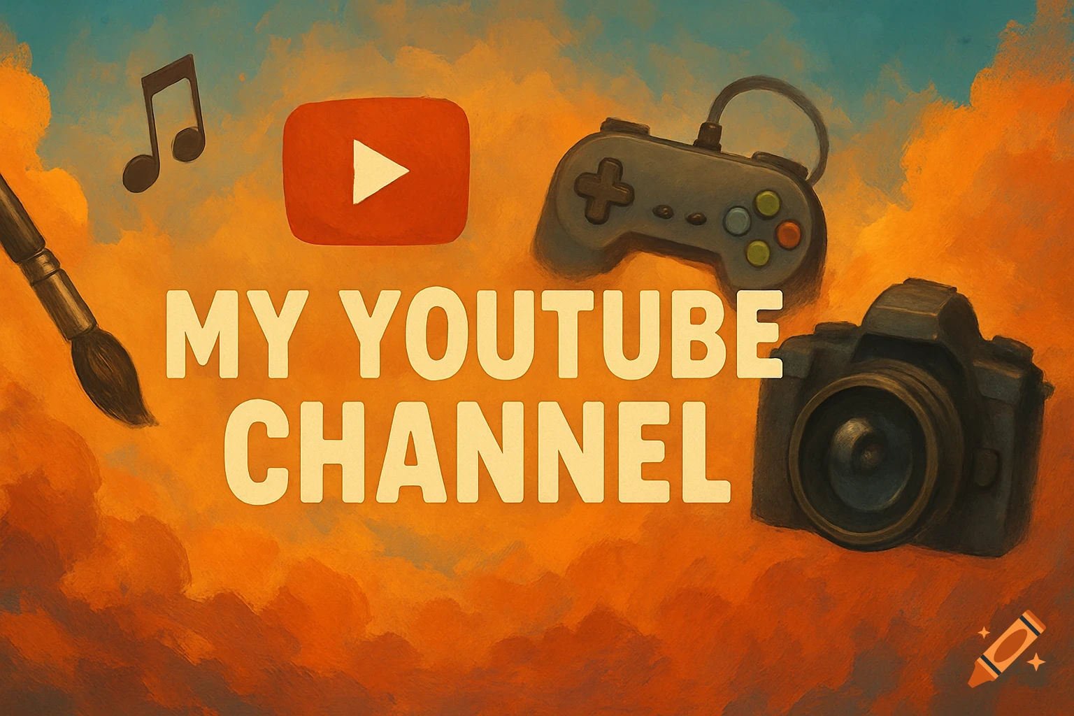 Painterly banner for a YouTube channel with gaming, music, art, and photo icons and text 'MY YOUTUBE CHANNEL'