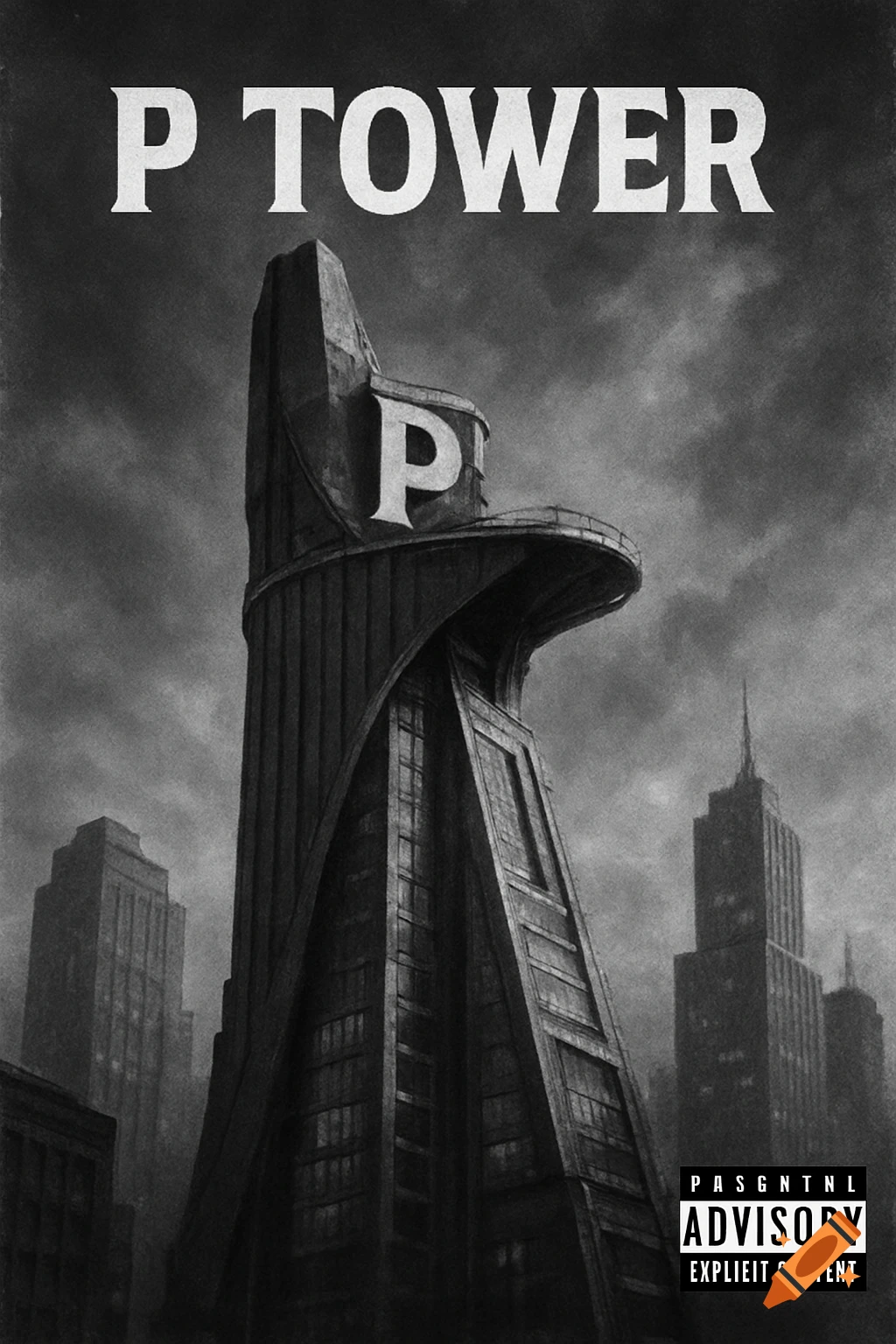 A black and white album cover featuring a stylized, imposing skyscraper with the text "P TOWER" at the top and a large "P" on the building.