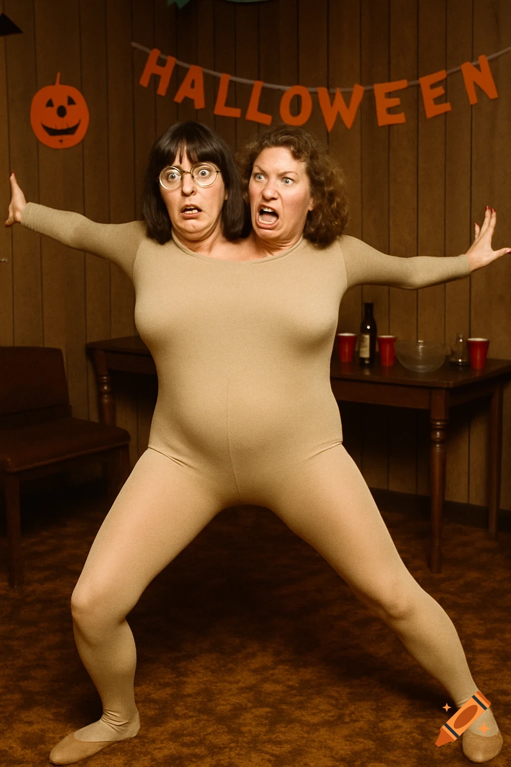 Two women in a two-headed costume at a Halloween party.