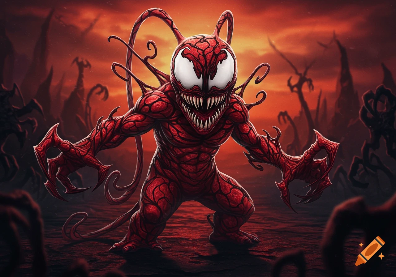 Cartoon red and black symbiote monster with sharp teeth and claws standing in a dark, ominous landscape.
