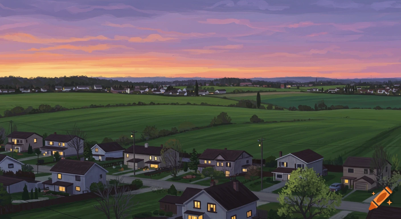 Illustrative scene of a suburban neighborhood next to farmland at twilight with a dramatic sky.