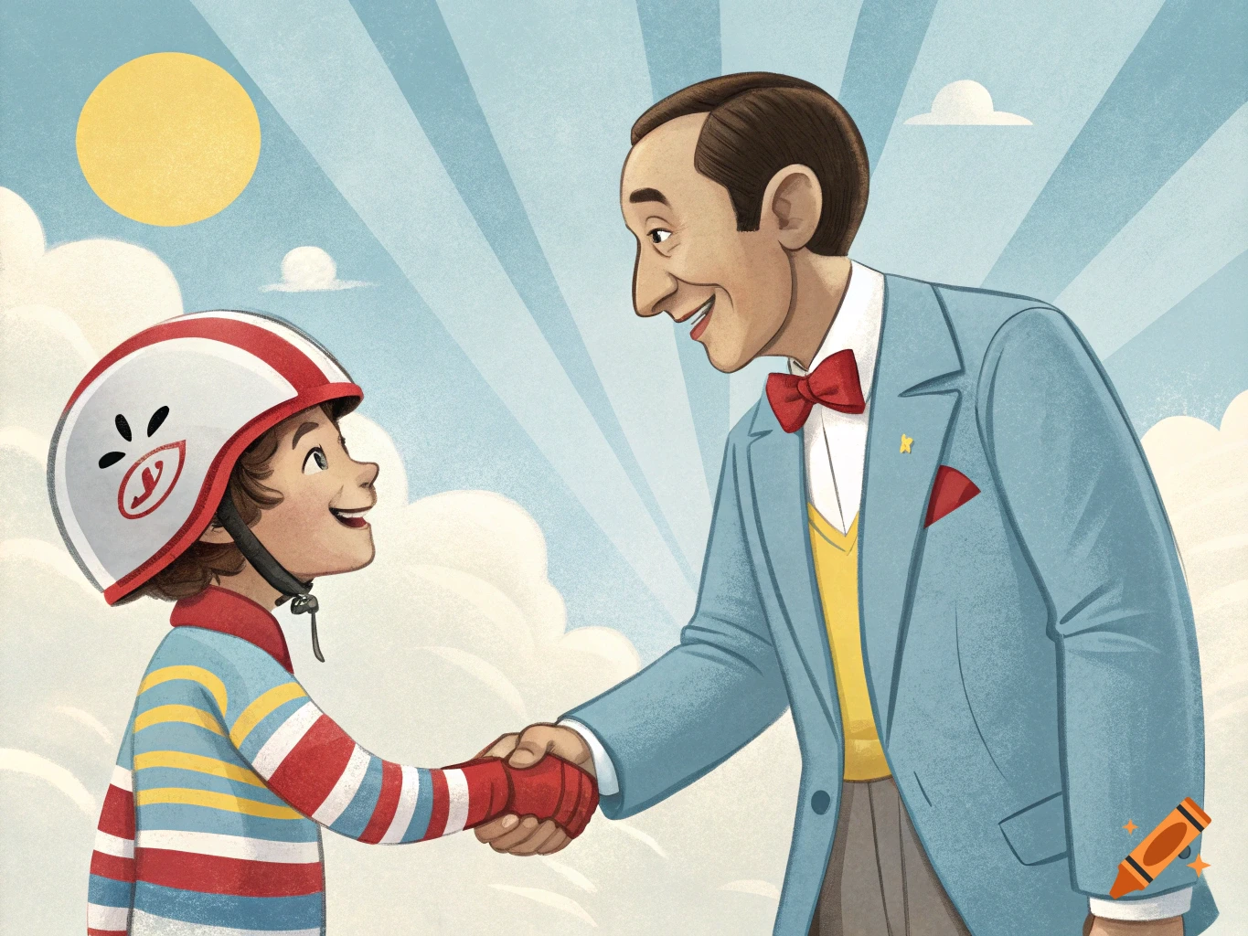 Illustration of Pee Wee Herman shaking hands with a child in a helmet.