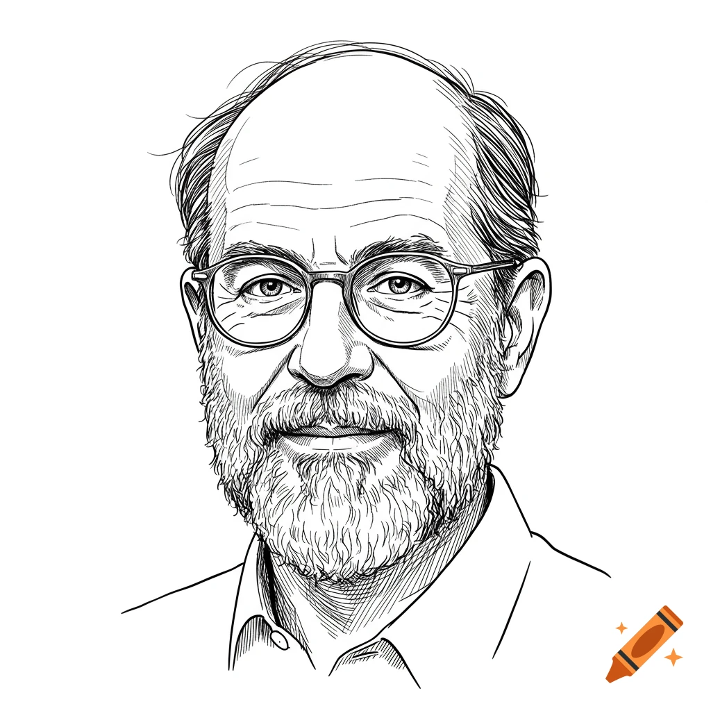 Black and white line drawing headshot of an older man with glasses and beard.