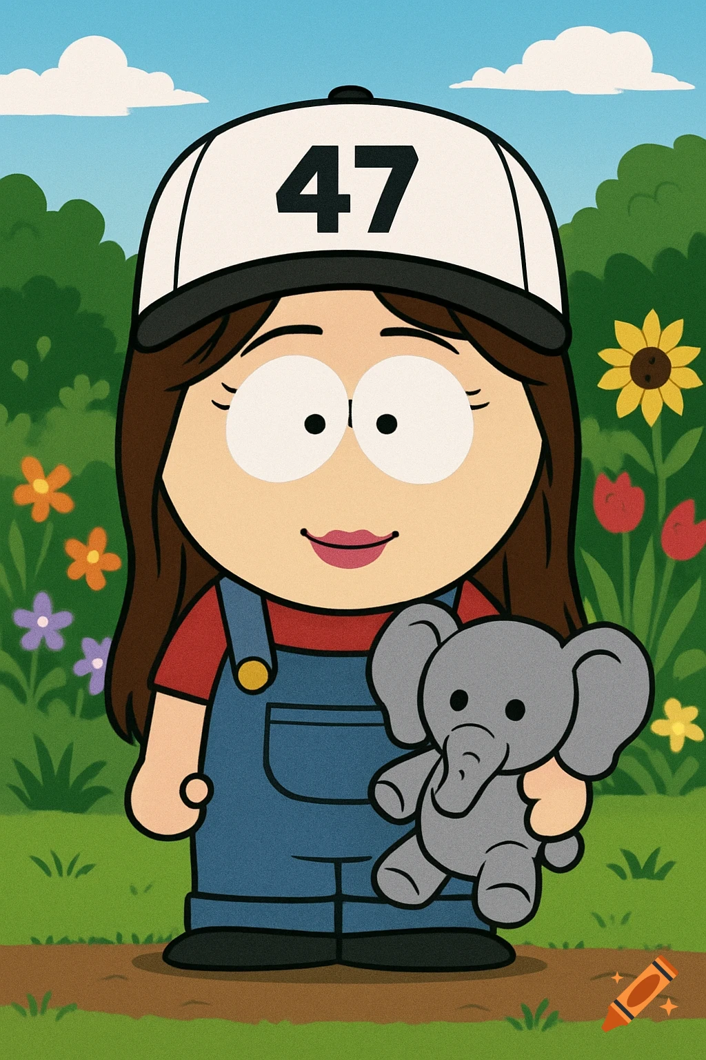 South Park character holding an elephant teddy bear in a garden