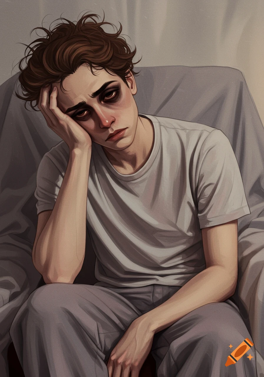 Digital illustration of a young man looking tired, resting his head on his hand.