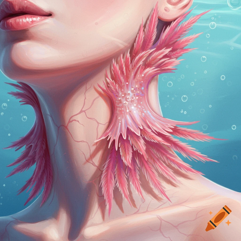 Close-up of a person's neck with pink feathery gills underwater