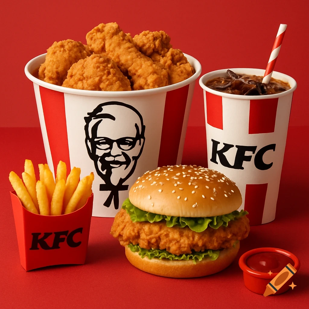 KFC fried chicken bucket, fries, burger, and soda on a red background, photorealistic.