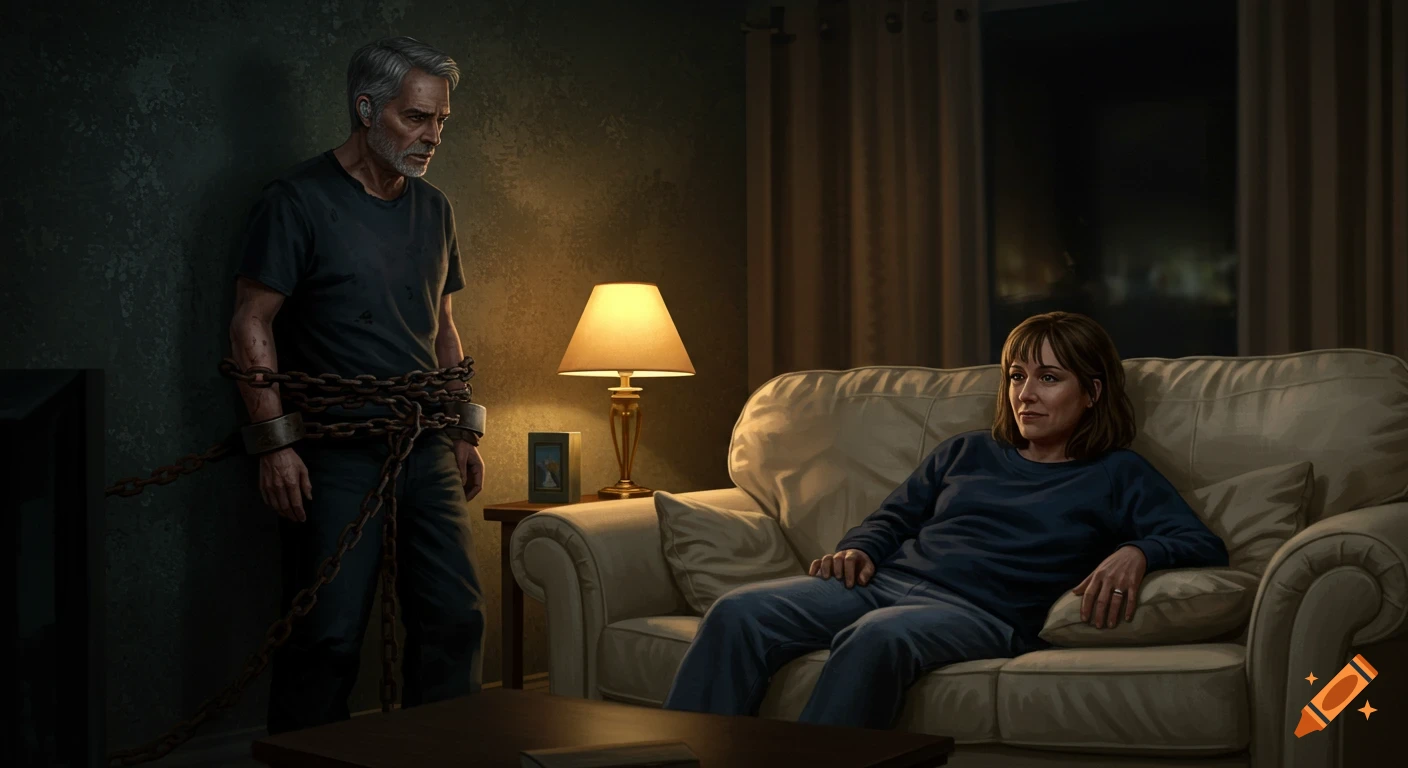 Man bound by chains stands near a woman sitting on a couch in a dimly lit room.