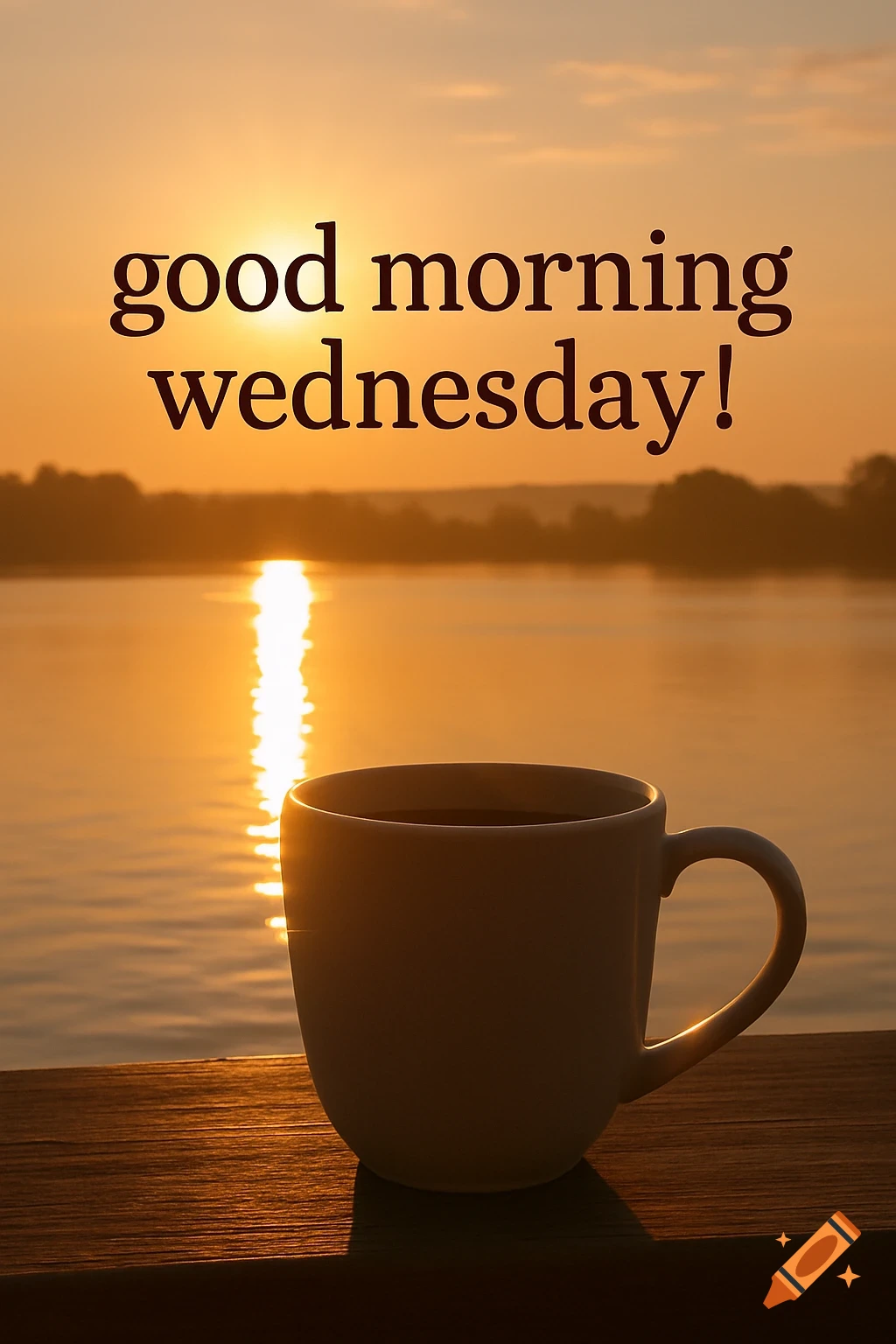 A mug of coffee sits on a wooden surface overlooking a lake at sunrise, with the text "good morning wednesday!" superimposed.