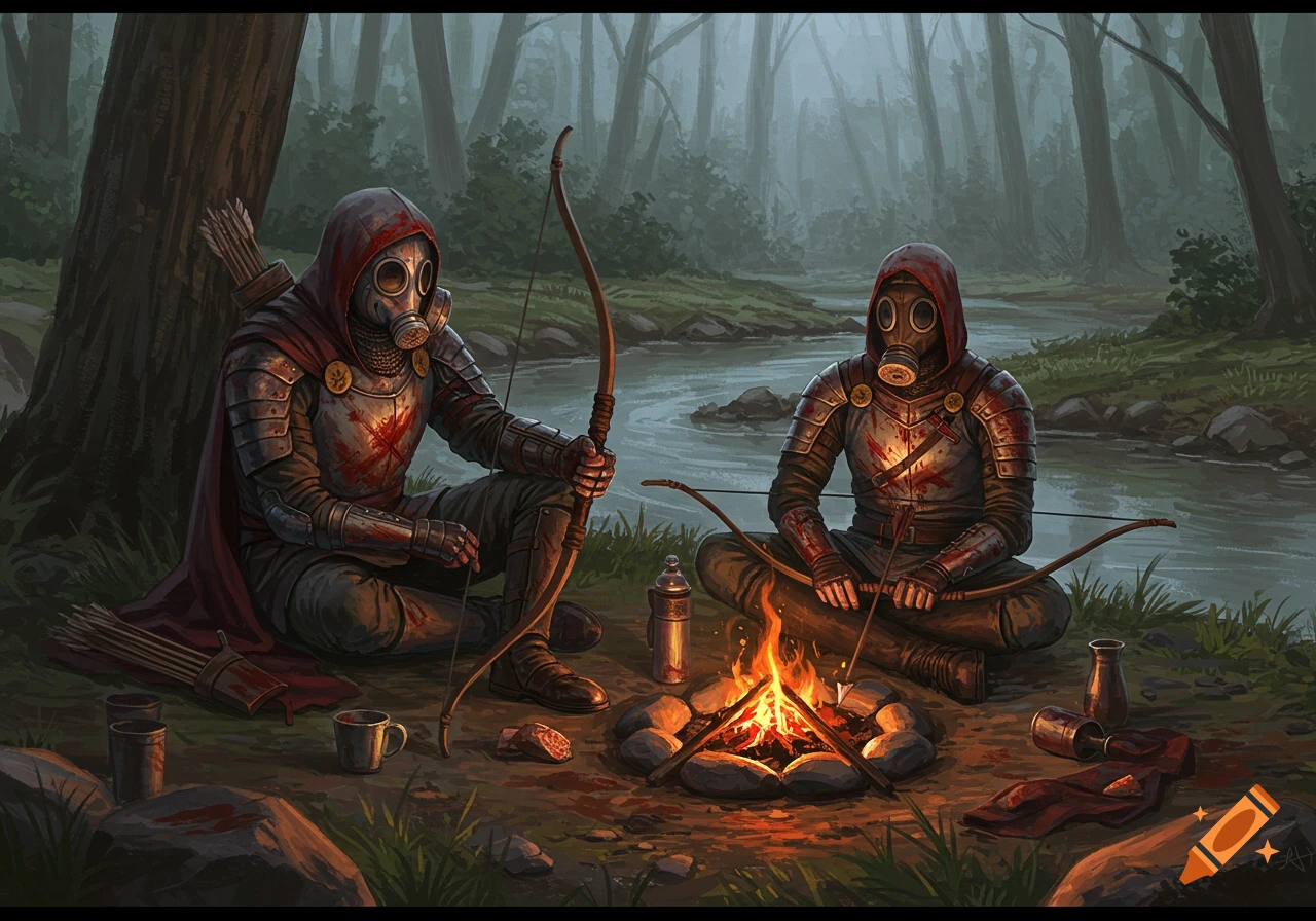 Two figures in gas masks and bloody armor with bows sit by a campfire next to a river in a forest.