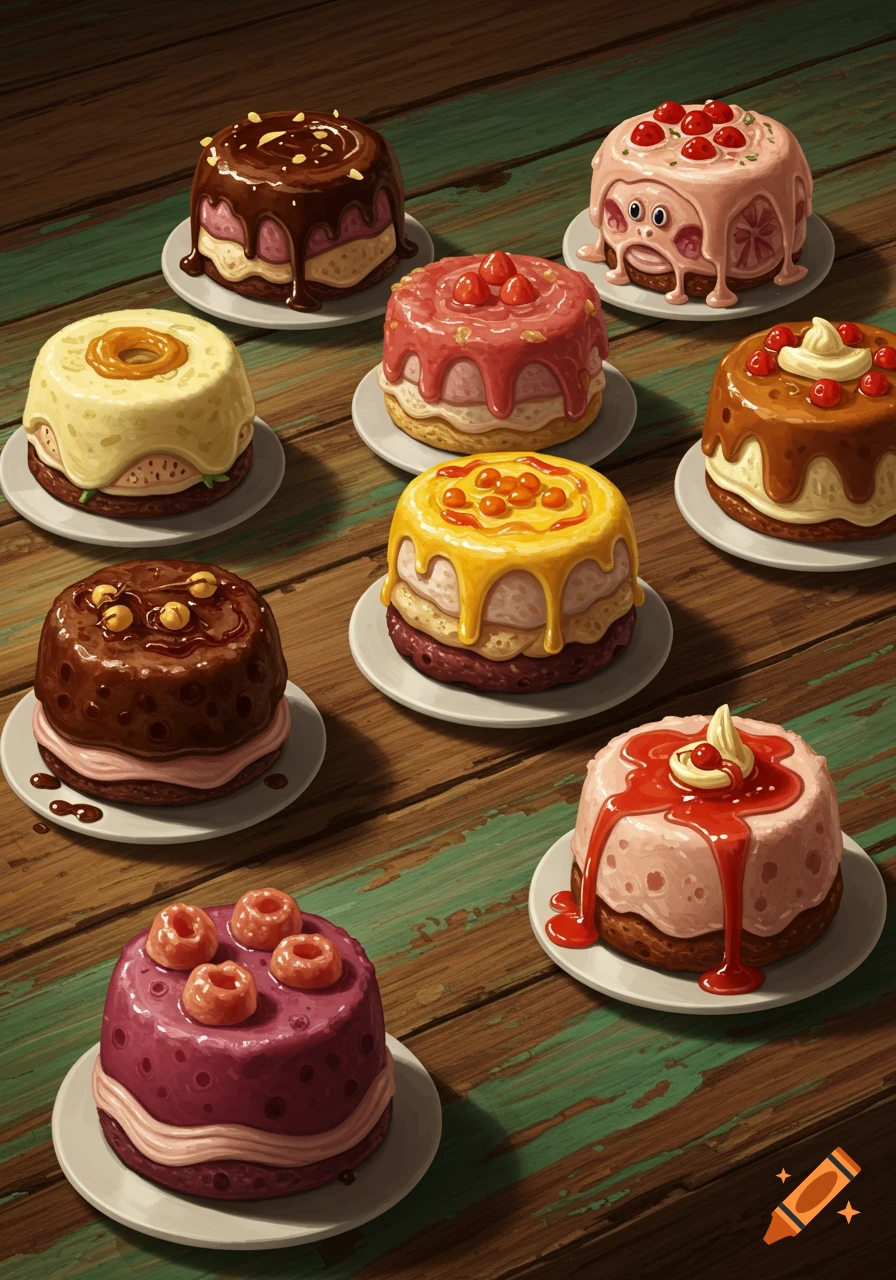Multiple stylized cakes on a wooden table.